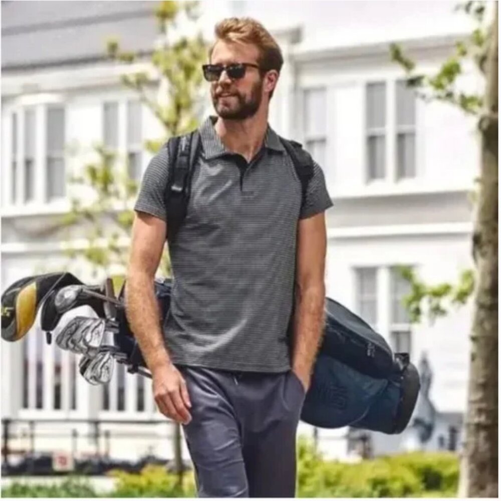 Mack Weldon Men's Collared Golf Polo Shirt Gray Striped Cotton Poly Lycra Medium